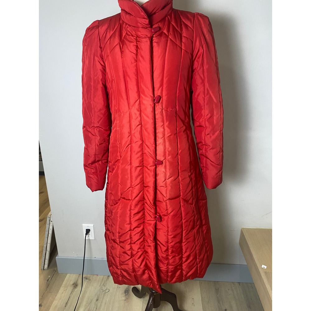 J. Gallery Red Quilted Puffer Coat Vintage Long Parka Funnel Neck Womens Medium